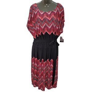 Women's Black and Red Lining Printed Polyester & Spandex Belted Party Maxi Dress
